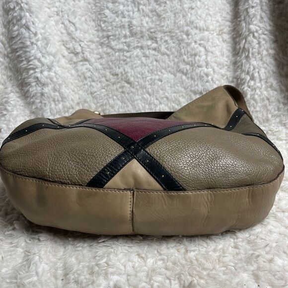 A.Bellucci leather khaki,taupe,burgundy &black stripes shoulder bag studs accent - Picture 7 of 16